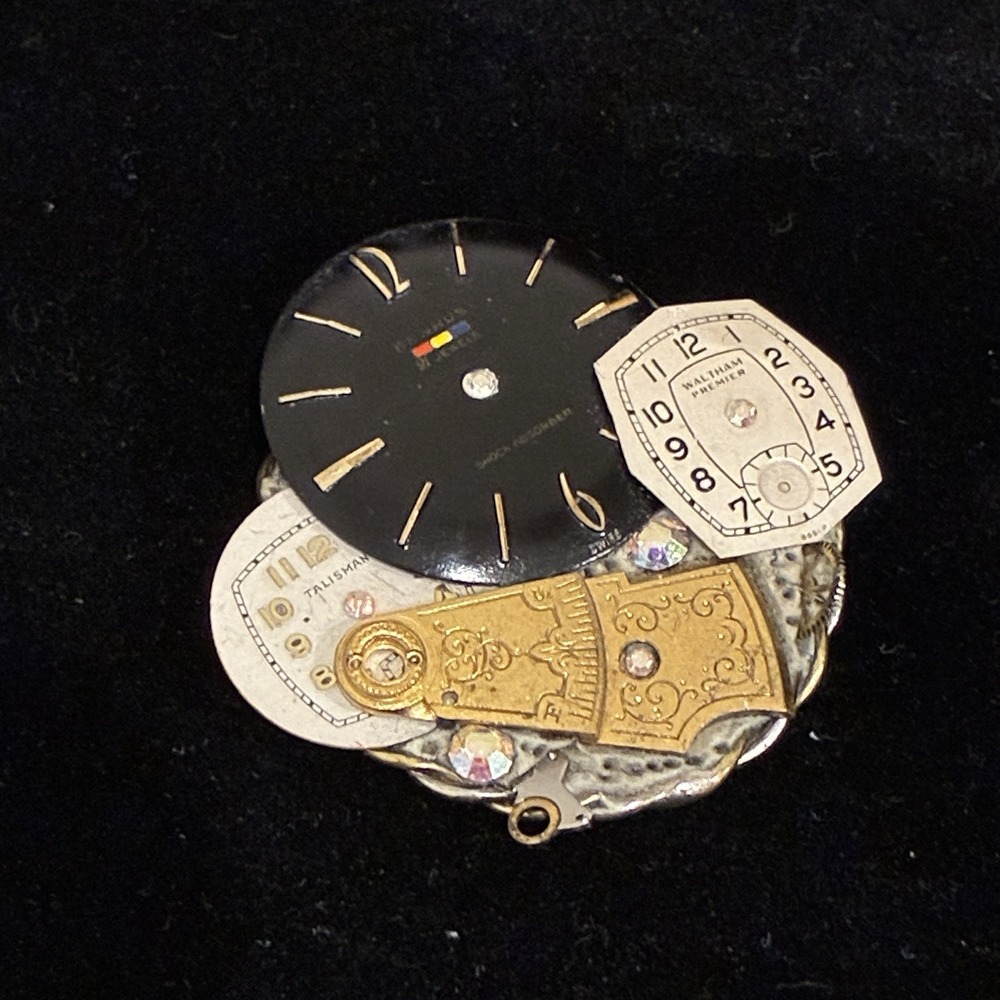 Vintage Steampunk Brooch Watch Face Assemblage Art Benrus Waltham Talisman